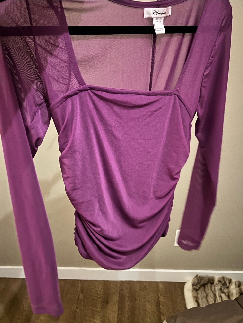 ReVamped Purple Mesh Ruched Distressed Lightweight Long Sheer Sleeve Top Silky L